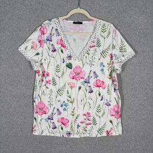 Crochet Cottage Shirt Womens Large Thin‎ Stretch Poppy Flowers Grandma Casual